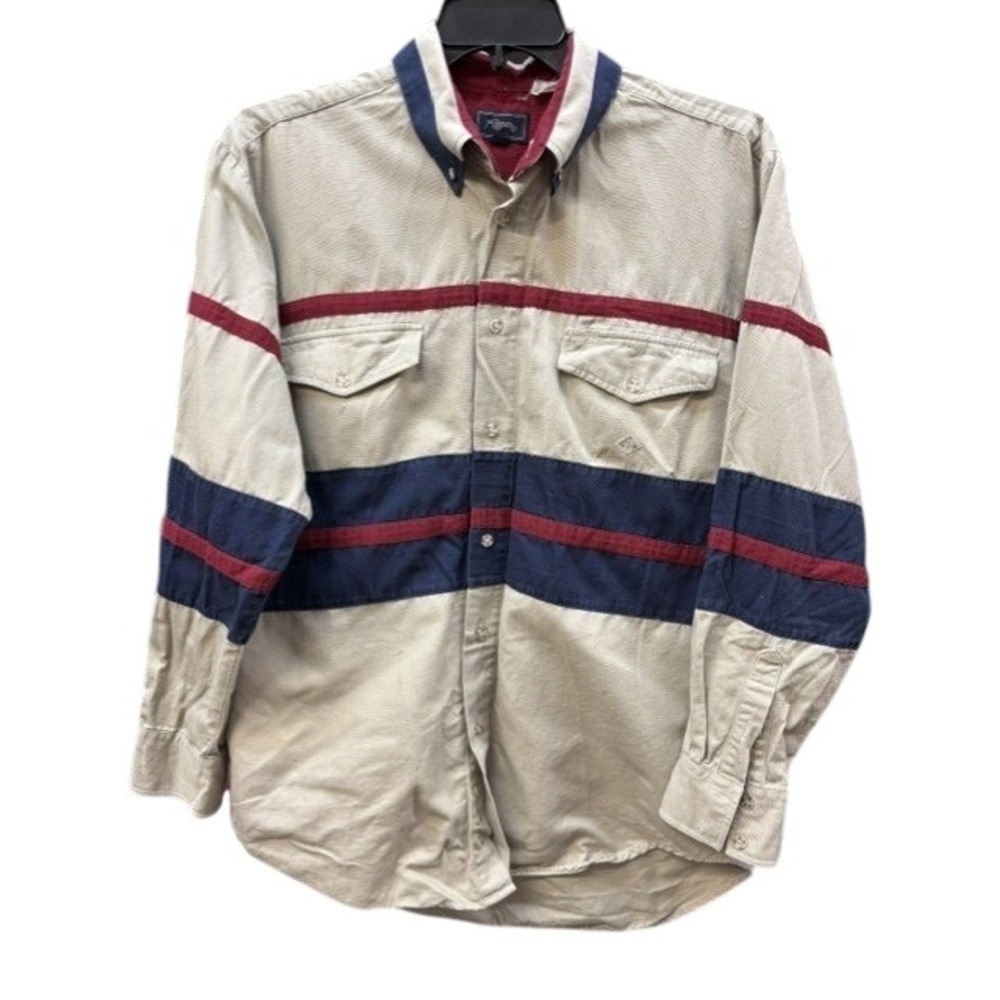Roper Mens Western Button Down Shirt Large Tan‎ Navy Burgundy Striped Colorblock